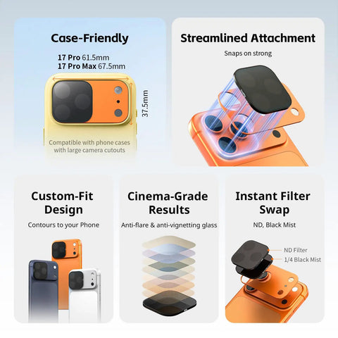 Magnetic Lens Filter Kit For iPhone 17 Pro Max With Base Mount Black Mist Diffusion Quarter Filter And ND2 ND4 ND8 ND16 ND32 Filters 6 Pack Orange Square Design Magnetic Quick Swap