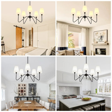 Five Light Modern Black Farmhouse Chandelier With Linen Beige Fabric Shades in bedroom, living room, dining room, and kitchen
