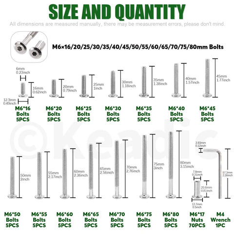Tough As Nails M6 Socket Cap Bolts And Barrel Nuts Assortment Kit With Hex Setter Tool 141 Piece showing various bolt sizes.