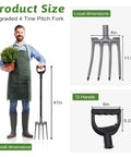 Beast 4 Tine Garden Fork With Heavy Duty 47 Inch Handle shown with man holding it, product dimensions displayed