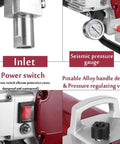 Details of Pretty Darn Smooth Electric Pneumatic Paint Sprayer showing power switch, inlet, and pressure gauge features.
