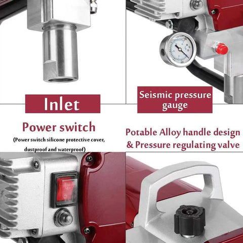 Details of Pretty Darn Smooth Electric Pneumatic Paint Sprayer showing power switch, inlet, and pressure gauge features.