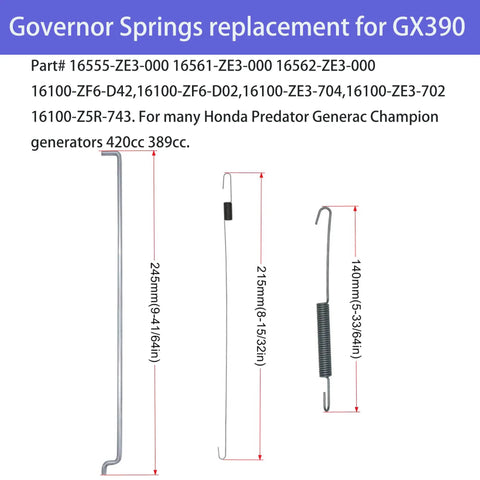 Governor springs replacement for GX390, part numbers 16555-ZE3-000 to 16100-Z5R-743, sizes 245mm to 140mm, for generators.