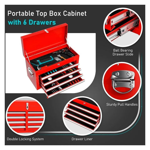 Heavy Duty Rolling Tool Chest With Detachable Top Box And Lockable Wheels Drawer Liners Included Green Portable Tool Cabinet For Garage Workshop And Warehouse Perfect Gift For Dads And Handymen, red top box with 6 drawers