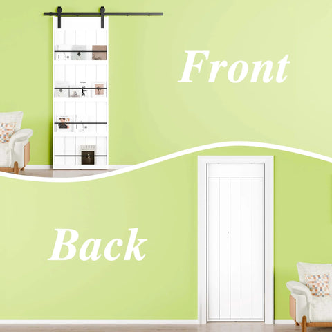 Sliding Barn Door With Shelf Style 48x84 Inches Primed MDF Includes 8ft Hardware Kit For Easy Mount Farmhouse Look You Can Paint DIY Ready Assembly Required, front and back view.