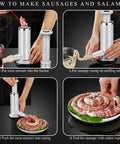 Step-by-step use of Two In One Sausage Stuffer And Meatball Maker Stainless Steel Manual Press with casing and meat mixture.