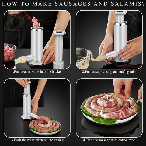 Step-by-step use of Two In One Sausage Stuffer And Meatball Maker Stainless Steel Manual Press with casing and meat mixture.