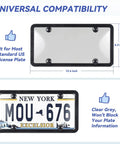 Two Pack License Plate Cover And Frame Set Built From Heavy Duty ABS For All Weather Use Got You Covered With Rust Proof And Corrosion Resistant Car License Plate Protector With Screws And Caps Universal Fit Black shown with dimensions and license plate example