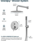 GRANDJOY 10" Wall Mount Shower System with Handheld Spray, Brushed Nickel dimensions and installation guide.