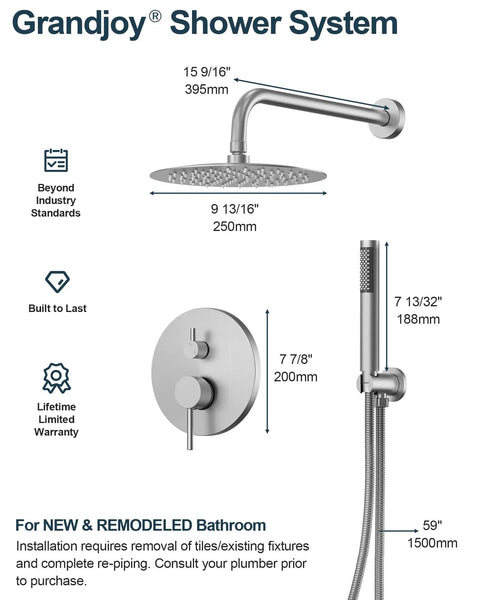 GRANDJOY 10" Wall Mount Shower System with Handheld Spray, Brushed Nickel dimensions and installation guide.