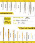 18 Piece Screw Extractor Set With Left Hand Drill Bits In Cobalt 6542 HSS Steel for Stripped Broken Bolts and Damaged Screws Removal Easy Out Reverse Removers Beast Pro Grade Tool Kit Yellow with labeled parts and case.
