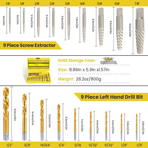 18 Piece Screw Extractor Set With Left Hand Drill Bits In Cobalt 6542 HSS Steel for Stripped Broken Bolts and Damaged Screws Removal Easy Out Reverse Removers Beast Pro Grade Tool Kit Yellow with labeled parts and case.