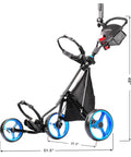 Three Wheel Golf Push Cart With Rock Solid Stability On Any Terrain Heavy Duty Stabilizer Rods Smooth Push And One Touch Braking For Effortless Control On Hills And Rough Fairways Black And Blue, side view, 48-inch tall