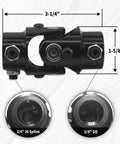 3/4-36 Spline To 3/4 Inch DD Black Steering Universal Joint Shaft, heavy duty U joint with dimensions and close-up inset details.