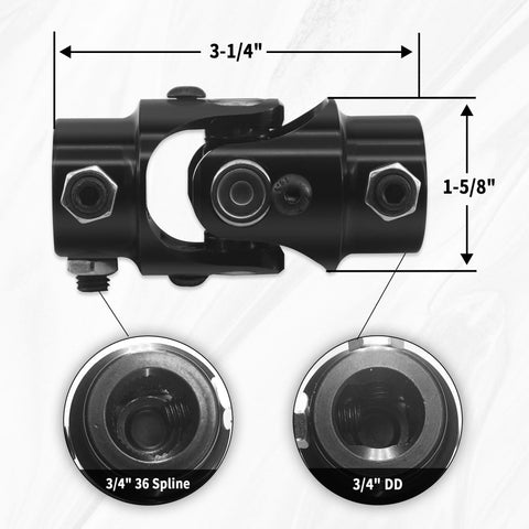 3/4-36 Spline To 3/4 Inch DD Black Steering Universal Joint Shaft, heavy duty U joint with dimensions and close-up inset details.