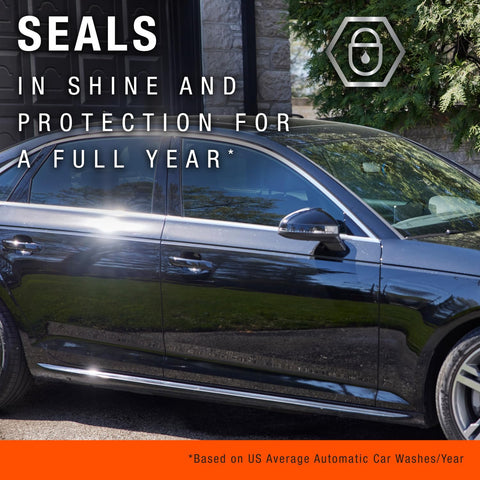 Shiny black car showing results of No-Fuss One Year Polish And Sealant For Cars With 3-In-1 Ceramic Technology for gloss and protection.