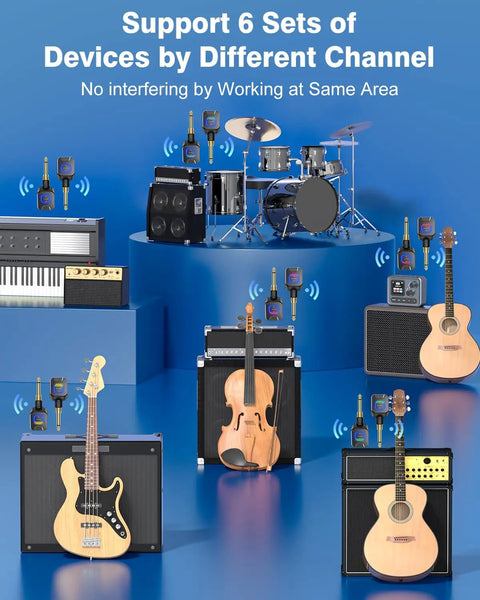 5.8GHz Wireless Guitar System With Charging Box, 6 channels, showing compatibility with electric guitar, bass, and instruments.