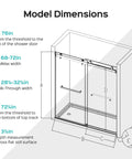 Diagram of Frameless Double Sliding Shower Door With Adjustable Widths From 56 To 60 Inches Or 68 To 72 Inches, 10mm Tempered Glass, Stainless Steel Hardware, Towel Bar Handle, Chrome Finish, model dimensions labeled.