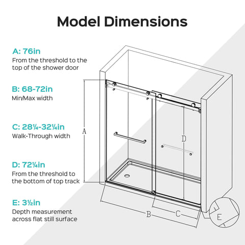 Diagram of Frameless Double Sliding Shower Door With Adjustable Widths From 56 To 60 Inches Or 68 To 72 Inches, 10mm Tempered Glass, Stainless Steel Hardware, Towel Bar Handle, Chrome Finish, model dimensions labeled.