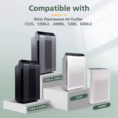 Four Winix PlasmaWave air purifiers on podiums, compatible with models C535, 5300-2, AM90, 6300, and 6300-2.