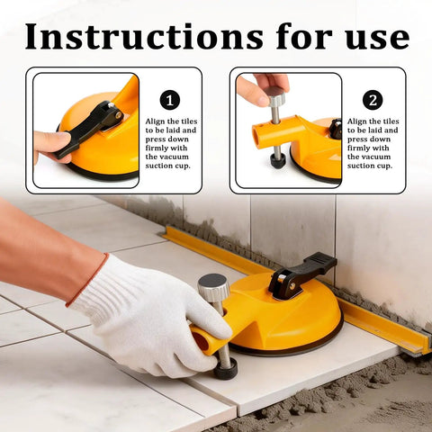 Adjustable Height Setter For Precise Tile Leveling And Seam Alignment Pro Countertop Leveling Tool For Flooring Gaps Stone Slab Alignment Repair In Kitchens Bathrooms And Hallways, shown with a yellow suction base on tiles.