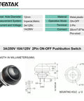 Diagram and photo of 12mm Pre-Wired Mounting Hole On Off Mini Round Waterproof Momentary Push Button Switch JF-33B, pack of two.