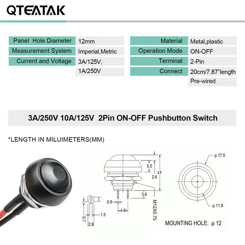 Diagram and photo of 12mm Pre-Wired Mounting Hole On Off Mini Round Waterproof Momentary Push Button Switch JF-33B, pack of two.