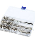 100 Piece Zinc Alloy Spikes And Studs Kit With Screw Back Rivets In Assorted Silver Metallic Finishes For Leather Crafting, showing assorted hardware in storage box.