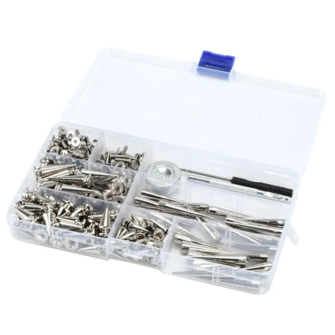 100 Piece Zinc Alloy Spikes And Studs Kit With Screw Back Rivets In Assorted Silver Metallic Finishes For Leather Crafting, showing assorted hardware in storage box.