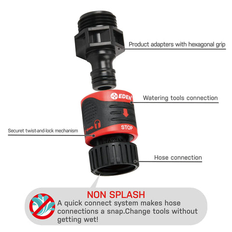Quick Connect Starter Kit 9 Piece ABS Set With Built In Water Stop End Connectors And Adapters, 360 Degree Swivel Hose Fittings