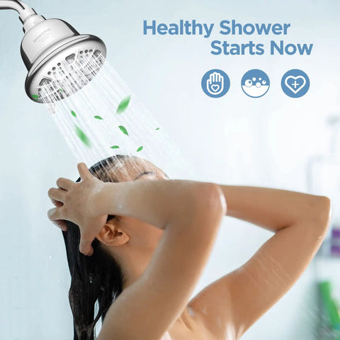 Woman using Filtered Shower Head With High Pressure Hard Water Friendly Water Softener 7 Settings Rain Shower Head That Removes Chlorine