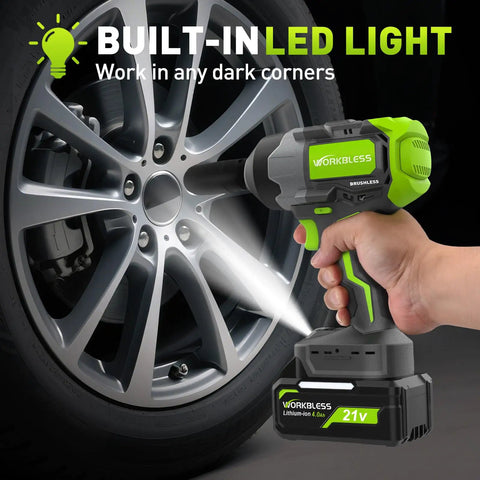 Cordless Half Inch Impact Wrench With 1200 Nm High Torque used on car tire, LED light highlighting wheel hub.