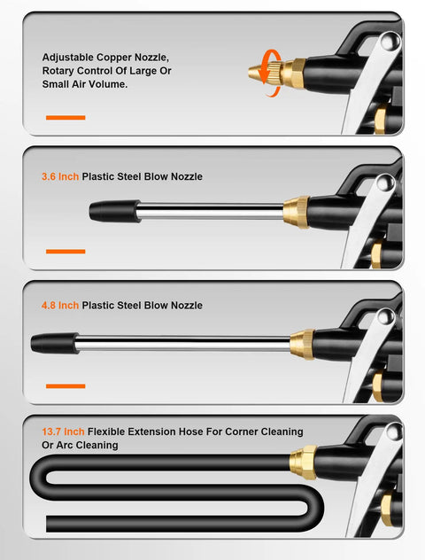 Image of Must Have Heavy Duty Air Blow Gun With Brass Adjustable Nozzle, Pneumatic Blower Kit With Two Steel Extensions and Flow Hose