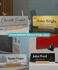 Different design styles of Personalized Acrylic Desk Name Plate For Office Decor With Font Options And Material Choices Ten By Three Point Five Inches Boss Vibes For Your Desk Setup A Clean Professional Yet Cute Office Look, showcasing four unique name plates with various fonts and colors.