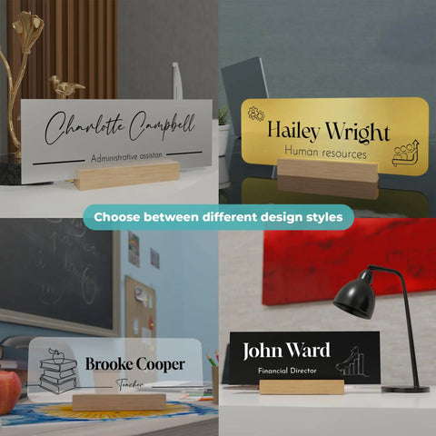 Different design styles of Personalized Acrylic Desk Name Plate For Office Decor With Font Options And Material Choices Ten By Three Point Five Inches Boss Vibes For Your Desk Setup A Clean Professional Yet Cute Office Look, showcasing four unique name plates with various fonts and colors.