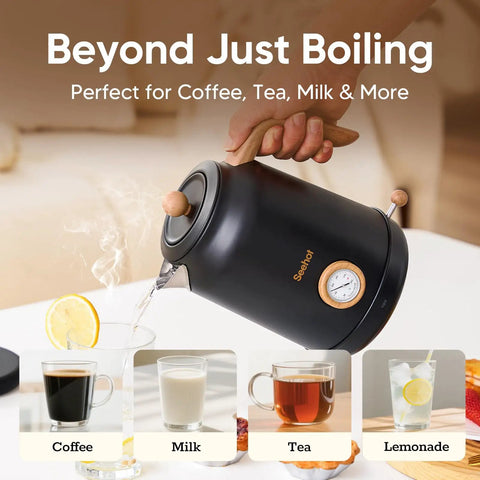 Heavy Duty 1.7L Electric Kettle With Thermometer, 1200W Fast Boil, 304 Stainless Steel, Auto Shut Off, pouring water into cup