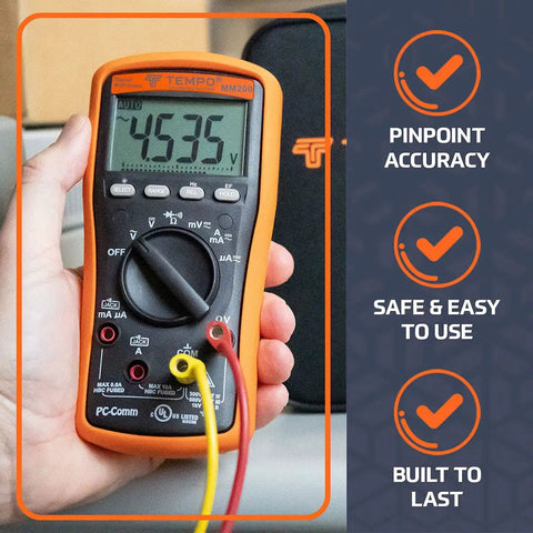 Hand holding MM200 Digital Multimeter Auto Ranging 6000 Count Meter For AC DC Voltage Current Frequency And Resistance With Diode Test