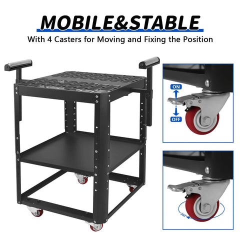 Straight Up Workhorse 550 Lb Power Tool Table With Smooth Rollin Wheels And Adjustable Height Legs For Planers And Miter Saws Plus double shelf storage features 4 casters.