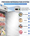 Top Shelf Commercial Upright Freezer With Twenty Three Cubic Foot Capacity And Four Heavy Duty Shelves displaying organized frozen foods and digital temperature control.