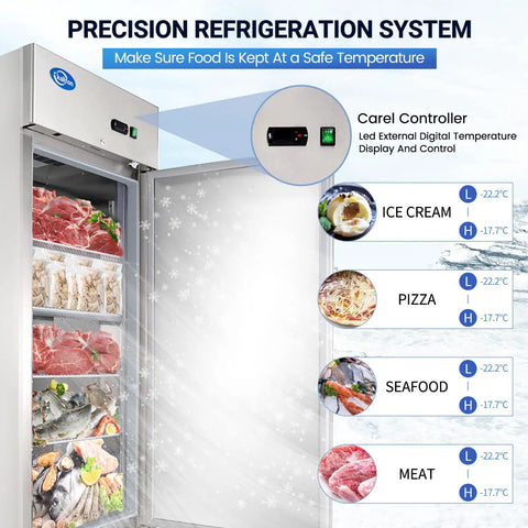 Top Shelf Commercial Upright Freezer With Twenty Three Cubic Foot Capacity And Four Heavy Duty Shelves displaying organized frozen foods and digital temperature control.