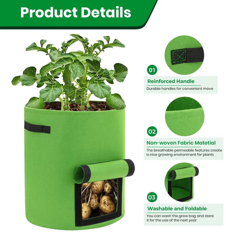 6 Pack 10 Gallon Potato Grow Bags With View Window, showcasing plant growth and features like reinforced handle and fabric material.