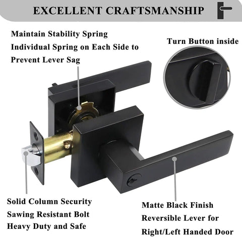 Keyed Entry Door Lever Set For Exterior Front Door, Heavy Duty Matte Black Reversible Design, turn button detail shown