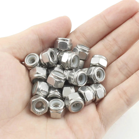 Heavy Duty Nylon Insert Hex Lock Nuts 1/4-20 Thread Stainless Steel 304 18-8 Bright Finish Pack Of 50 in hand