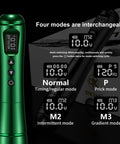 Wireless Permanent Makeup Tattoo Pen Kit With Two Rechargeable Batteries, rotary tattoo gun, showing four modes, emerald color
