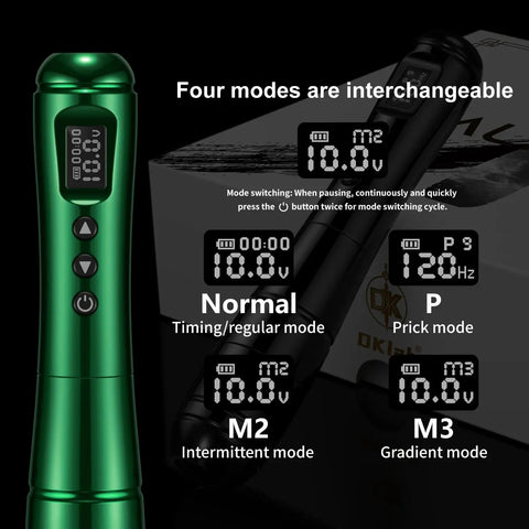 Wireless Permanent Makeup Tattoo Pen Kit With Two Rechargeable Batteries, rotary tattoo gun, showing four modes, emerald color