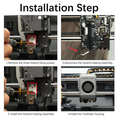 Installation steps for Hotend Heating Assembly Kit For Bambu Lab 3D Printers With Plug-And-Play Hotend, Heater Cartridge And Thermistor.