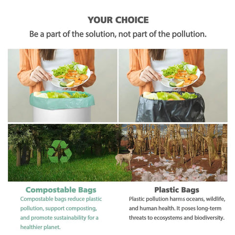 Comparison of industrially compostable 13 to 15 gallon tall kitchen trash bags with plastic bags, highlighting sustainability.