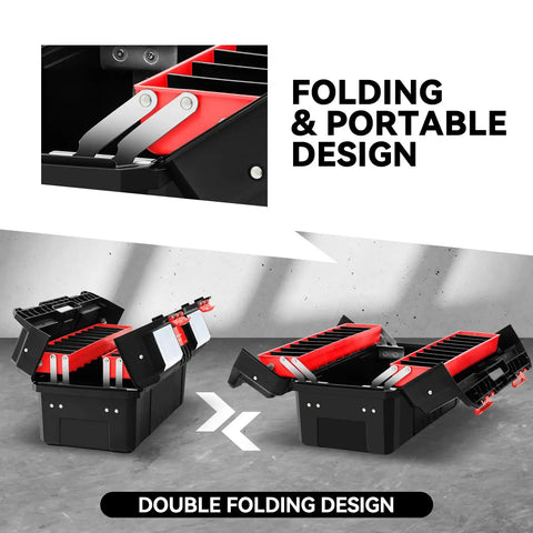 Big Boy Foldable Two-Layer Tool Box Workhorse with Non-Slip Handle and Removable Tray Storage Red Heavy-Duty Sturdy Construction for Workshop and Garage Equipment Organization 20-Inch Portable Design showing dual folding mechanism.