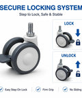 Secure locking system for Real Smooth Roll 3 Inch Stem Caster Wheels With M12 Mount And Whisper Quiet Rubber Treads.
