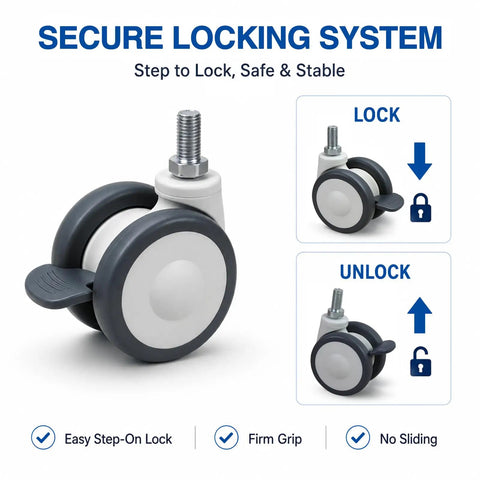 Secure locking system for Real Smooth Roll 3 Inch Stem Caster Wheels With M12 Mount And Whisper Quiet Rubber Treads.
